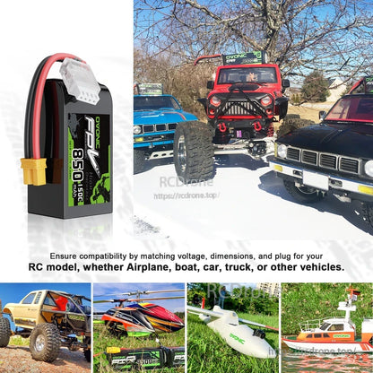 OVONIC 11.1V 850mAh 150C 3S LiPo battery shown with RC car, helicopter, airplane and boat use examples