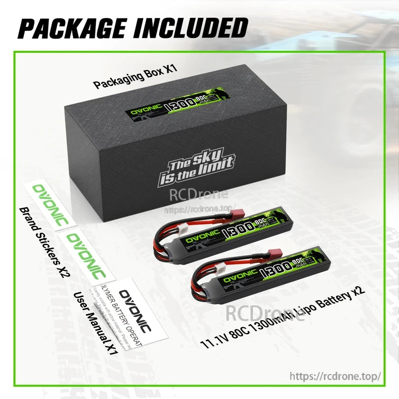 Package contents: 2x 11.1V 80C 1300mAh LiPo batteries, packaging box, brand stickers, and user manual