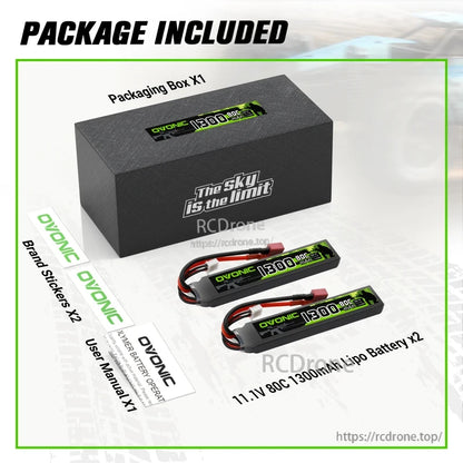 Package contents: 2x 11.1V 80C 1300mAh LiPo batteries, packaging box, brand stickers, and user manual