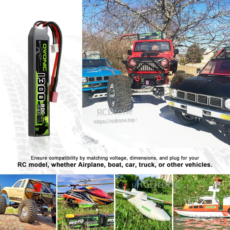 OVONIC 1300mAh 3S 11.1V 80C LiPo battery shown with RC vehicles and models for application examples