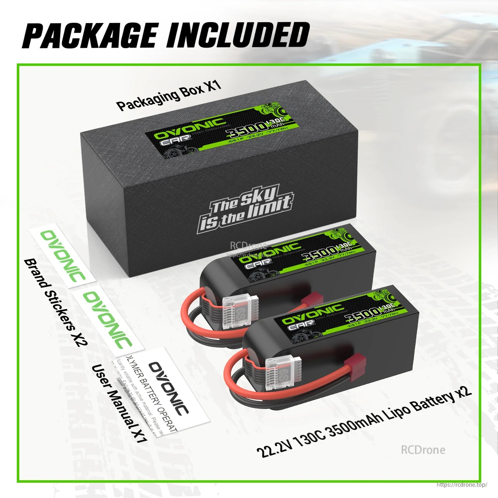 Package contents: Ovonic box, two 22.2V 3500mAh LiPo batteries, brand stickers and user manual