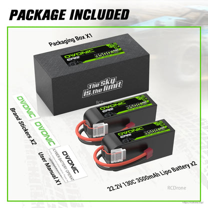 Package contents: Ovonic box, two 22.2V 3500mAh LiPo batteries, brand stickers and user manual