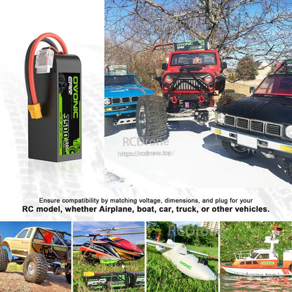 LiPo battery shown with RC car and model examples including truck, helicopter, airplane, and boat use case collage