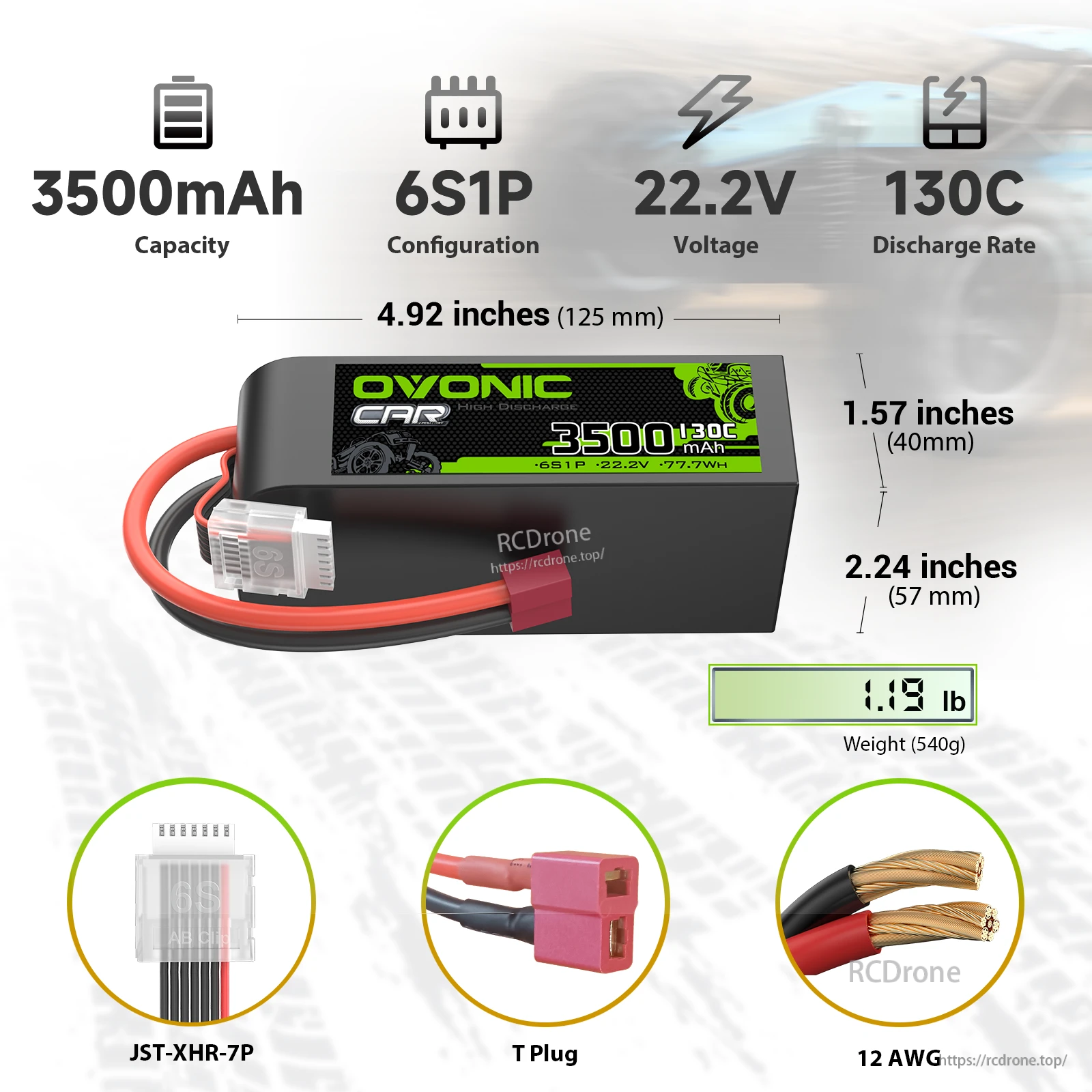 OVONIC 130C 3500mAh 22.2V 6S LiPo Battery with Deans (T) plug, JST-XHR-7P balance lead, size chart