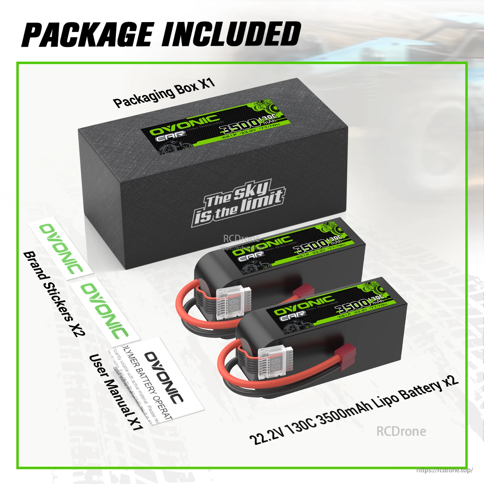 Package contents: two OVONIC 130C 3500mAh 22.2V 6S LiPo batteries, box, stickers, and user manual