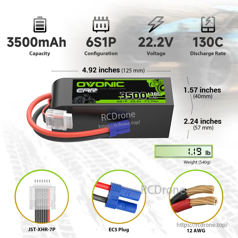 OVONIC 6S 22.2V 3500mAh 130C LiPo battery with EC5 plug, JST-XHR-7P balance lead, size and weight