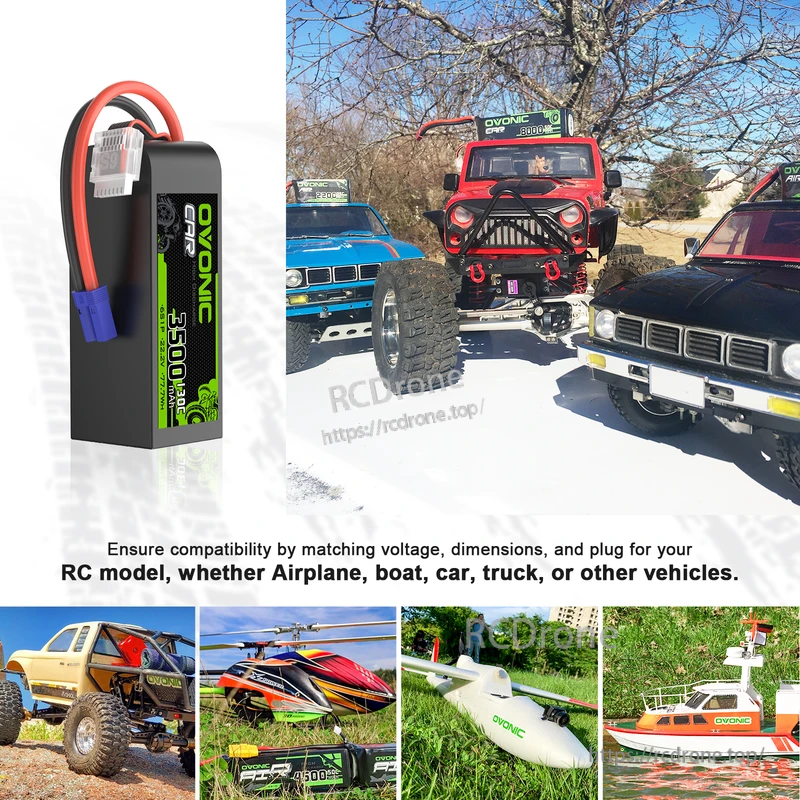 OVONIC 6S LiPo battery use cases for RC cars, trucks, airplanes and boats; match voltage, size and EC5 connector