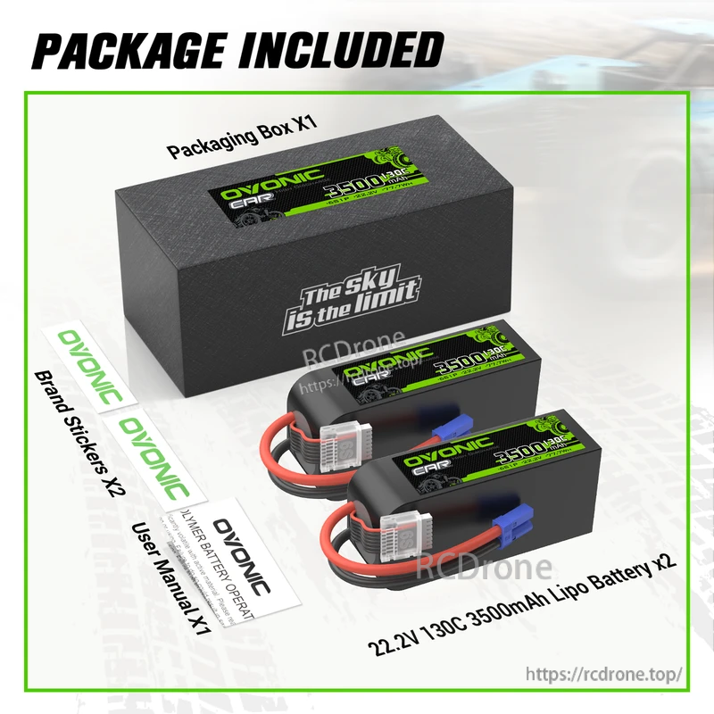 Package contents: two OVONIC 6S 22.2V 3500mAh 130C LiPo batteries, box, user manual and brand stickers