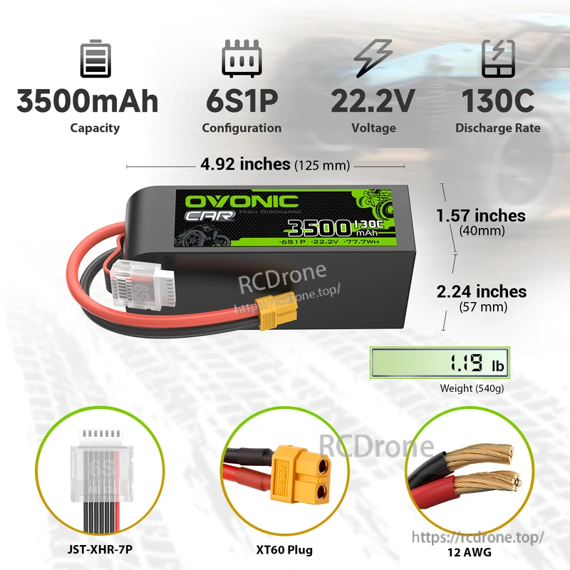 OVONIC 130C 3500mAh 22.2V 6S LiPo battery with XT60 plug, 6S1P, 125×40×57mm, 540g