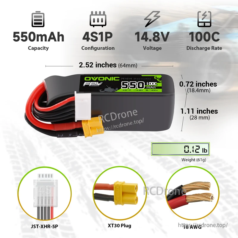 OVONIC 550mAh 4S 14.8V 100C LiPo battery with XT30 plug, dimensions and connectors overview