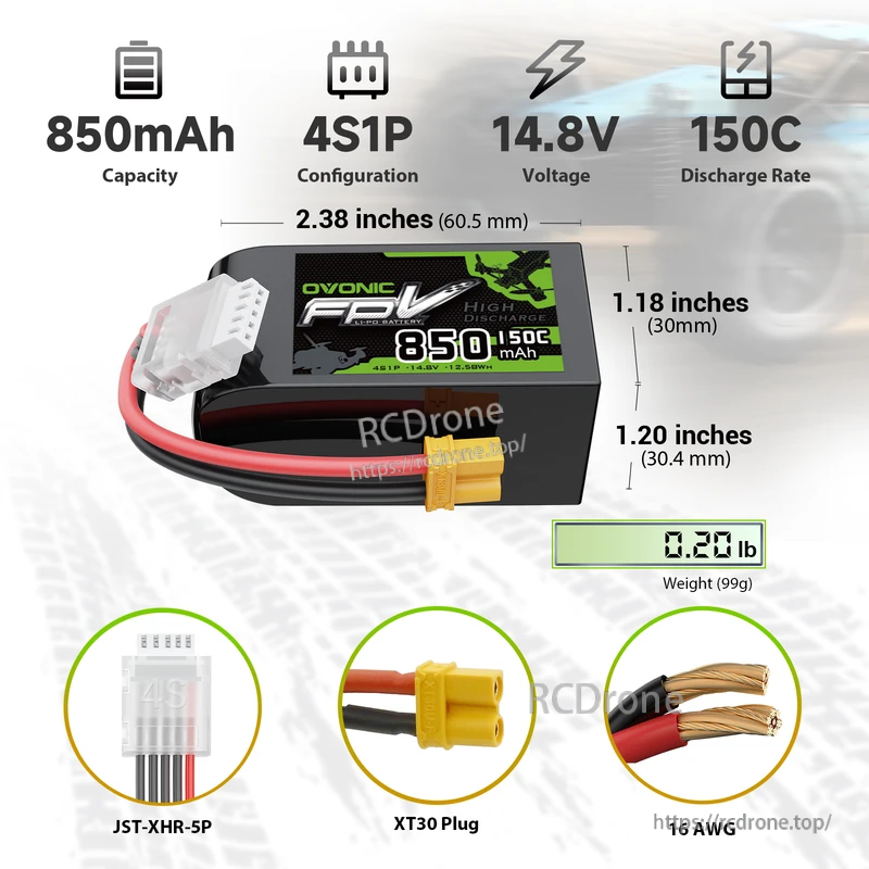 OVONIC 850mAh 4S 14.8V 150C LiPo battery size and connectors: XT30 main, JST-XHR-5P balance, 16AWG