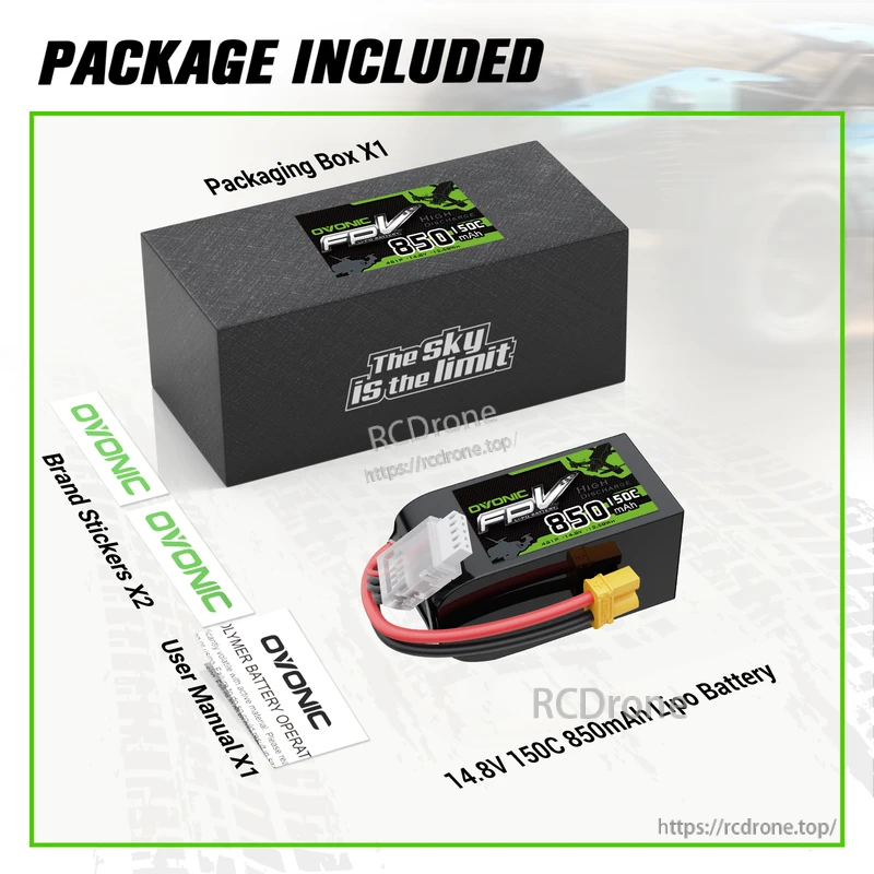 OVONIC 850mAh 4S 14.8V 150C LiPo Battery package contents with battery, box, stickers, and user manual