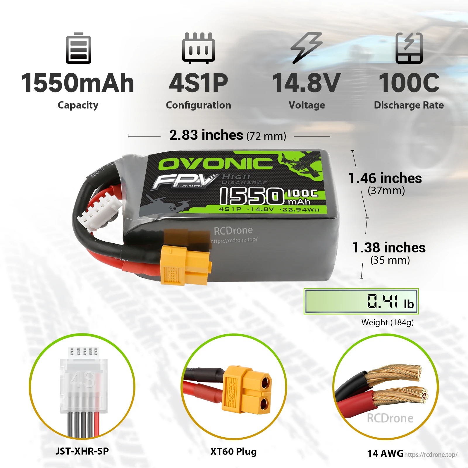 OVONIC FPV 1550mAh 4S1P 14.8V 100C LiPo battery size, weight, XT60 and JST-XHR-5P connector details