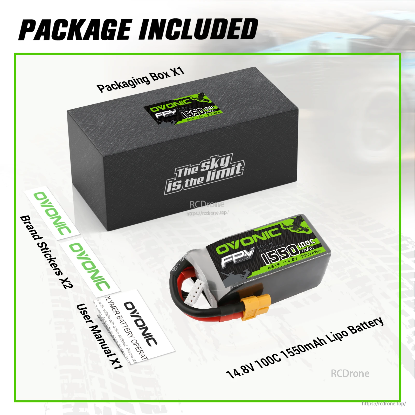 OVONIC 14.8V 1550mAh 100C 4S LiPo battery package contents with box, stickers, and user manual