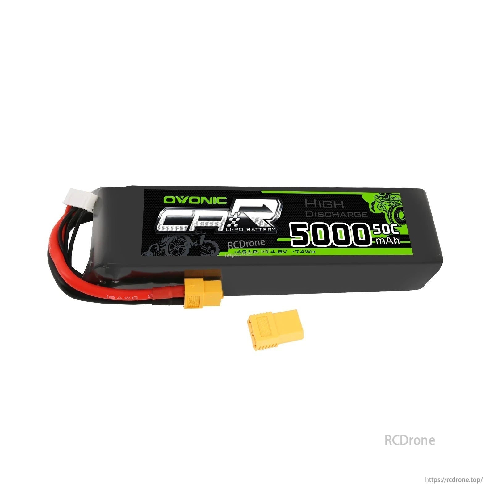 OVONIC 14.8V 5000mAh 4S1P 50C LiPo battery pack with XT60 lead, balance plug, and yellow adapter