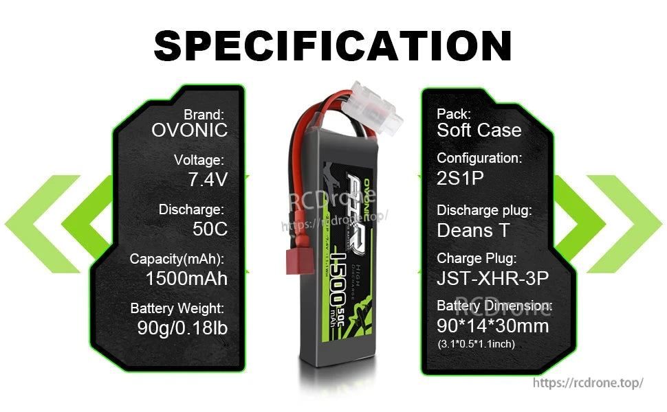 Specification panel listing 7.4V 2S1P, 50C, 1500mAh, Deans T discharge plug, JST-XHR-3P charge plug, 90g