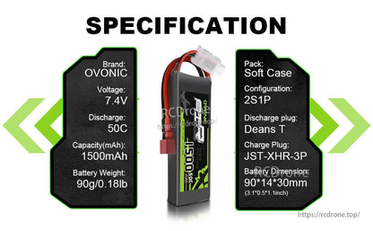 Specification panel listing 7.4V 2S1P, 50C, 1500mAh, Deans T discharge plug, JST-XHR-3P charge plug, 90g