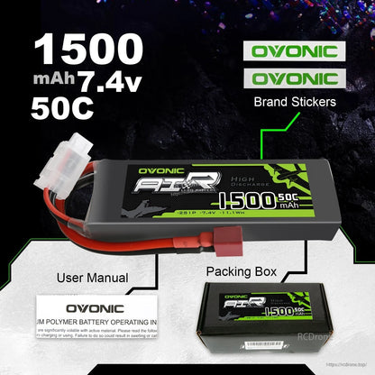 Included items overview: OVONIC 1500mAh 7.4V 50C LiPo battery, brand stickers, user manual and box