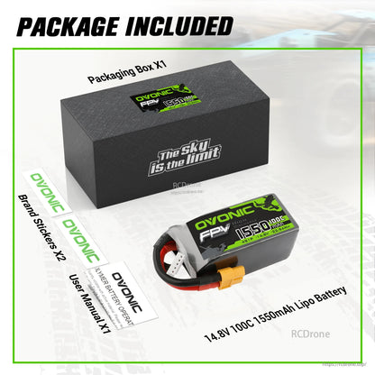 Package contents: OVONIC 14.8V 1550mAh LiPo battery, packaging box, brand stickers, and user manual