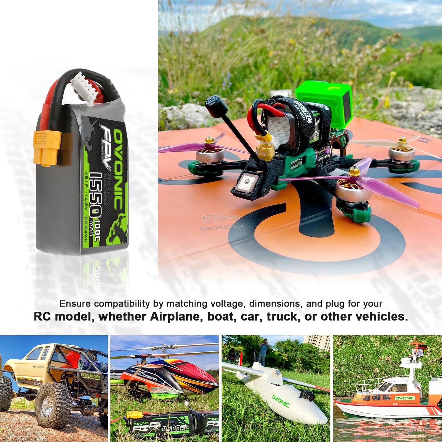 OVONIC 4S 1550mAh LiPo battery shown with RC drone and other model applications collage