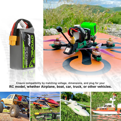 OVONIC 4S 1550mAh LiPo battery shown with RC drone and other model applications collage