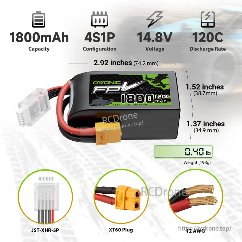 OVONIC R-Line V3 1800mAh 4S 120C 14.8V LiPo battery with XT60, dimensions and weight chart