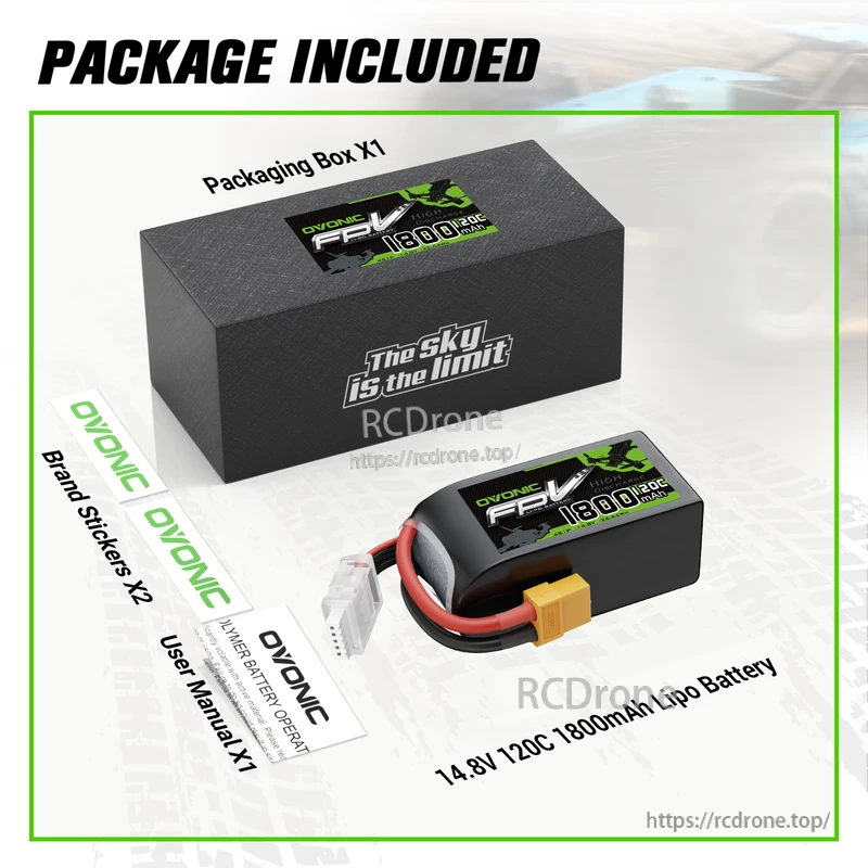 OVONIC R-Line V3 1800mAh 4S 120C LiPo packaging contents: battery, box, stickers and user manual