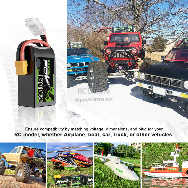 OVONIC 4S 1800mAh LiPo battery XT60 shown with RC use examples like car, plane and boat compatibility reminder