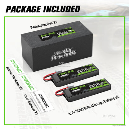 Package contents: OVONIC box, two 3.7V 500mAh 100C LiPo batteries, brand stickers and user manual