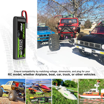 Long 1S LiPo battery shown with RC vehicle use cases including car, helicopter, plane and boat