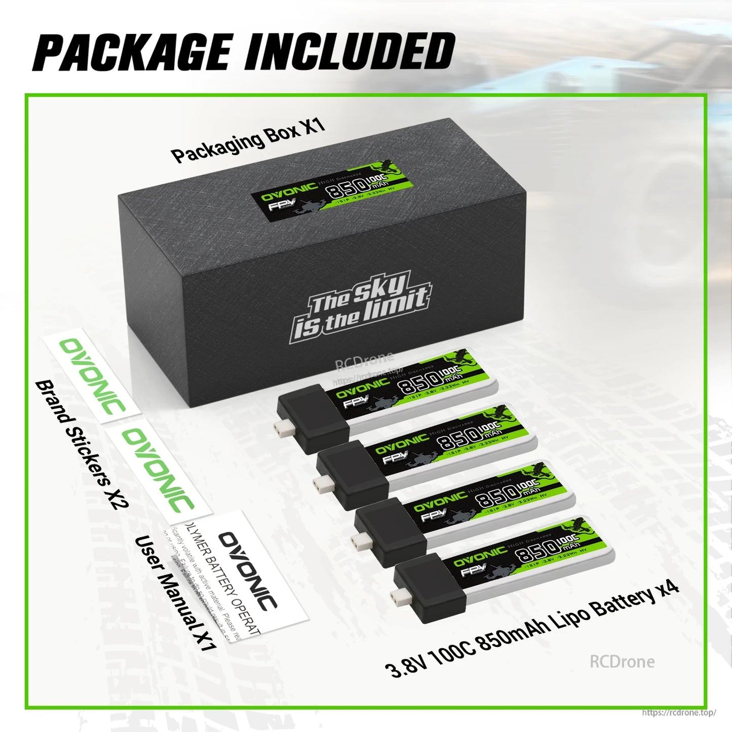 Package contents: OVONIC box, four 3.8V 850mAh 100C LiPo batteries, brand stickers, user manual