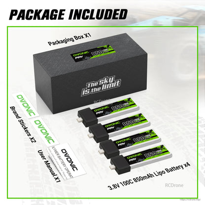 Package contents: OVONIC box, four 3.8V 850mAh 100C LiPo batteries, brand stickers, user manual