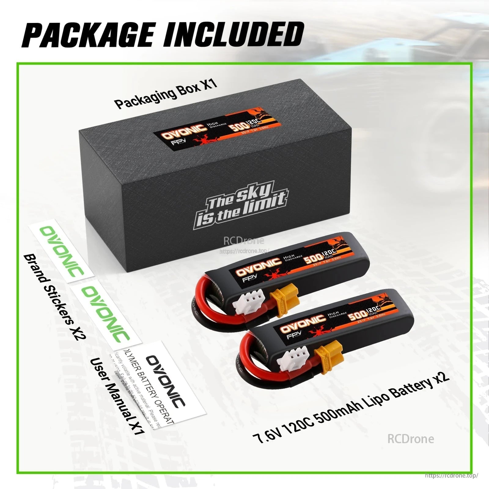 Package contents: two OVONIC 7.6V 500mAh 120C batteries, storage box, brand stickers, and user manual