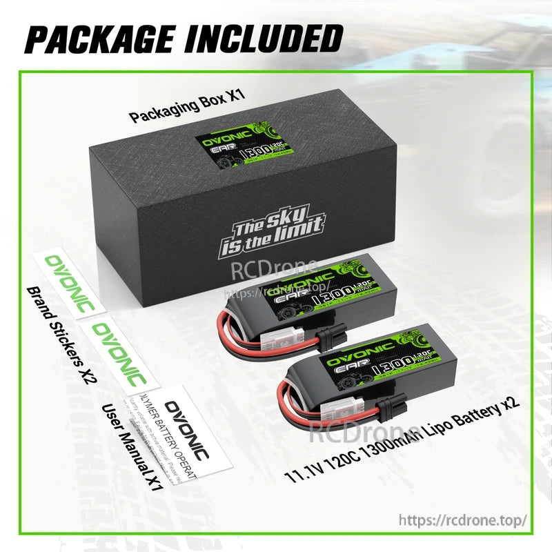 Package included: OVONIC box, two 11.1V 1300mAh LiPo batteries, brand stickers, user manual