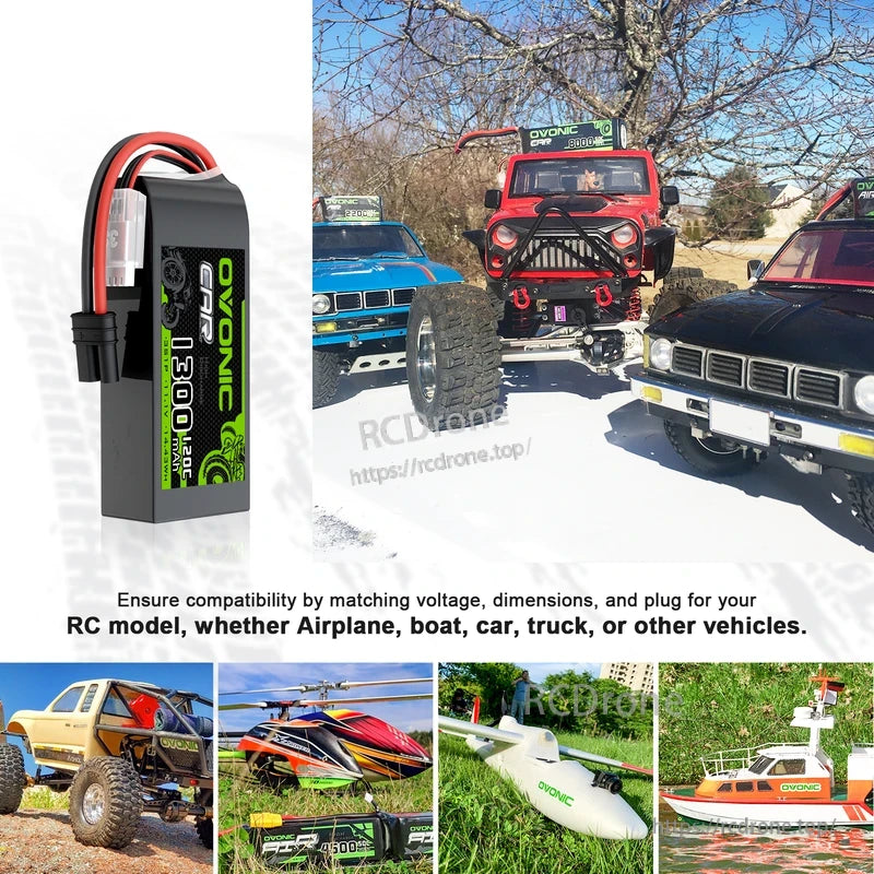 RC vehicle application collage showing LiPo battery used for car, truck, aircraft, boat examples