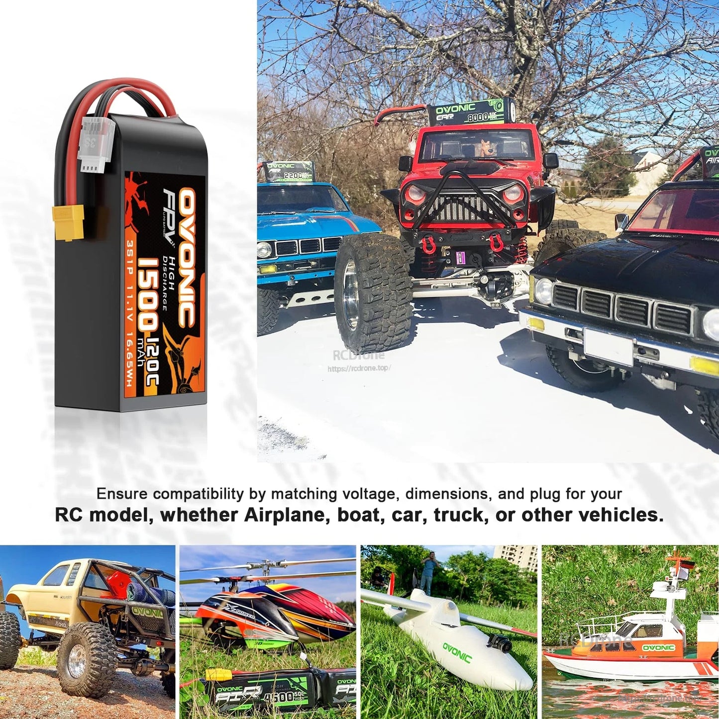 LiPo battery application collage for RC models, including cars/trucks and a boat; compatibility reminder text