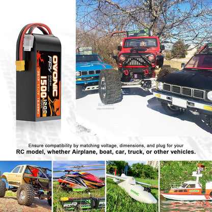 LiPo battery application collage for RC models, including cars/trucks and a boat; compatibility reminder text