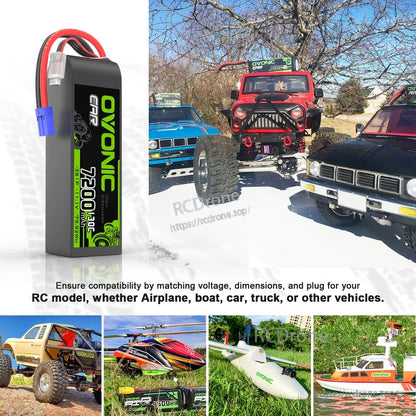 OVONIC 7200mAh 3S LiPo battery shown with RC car and other model vehicle use case collage