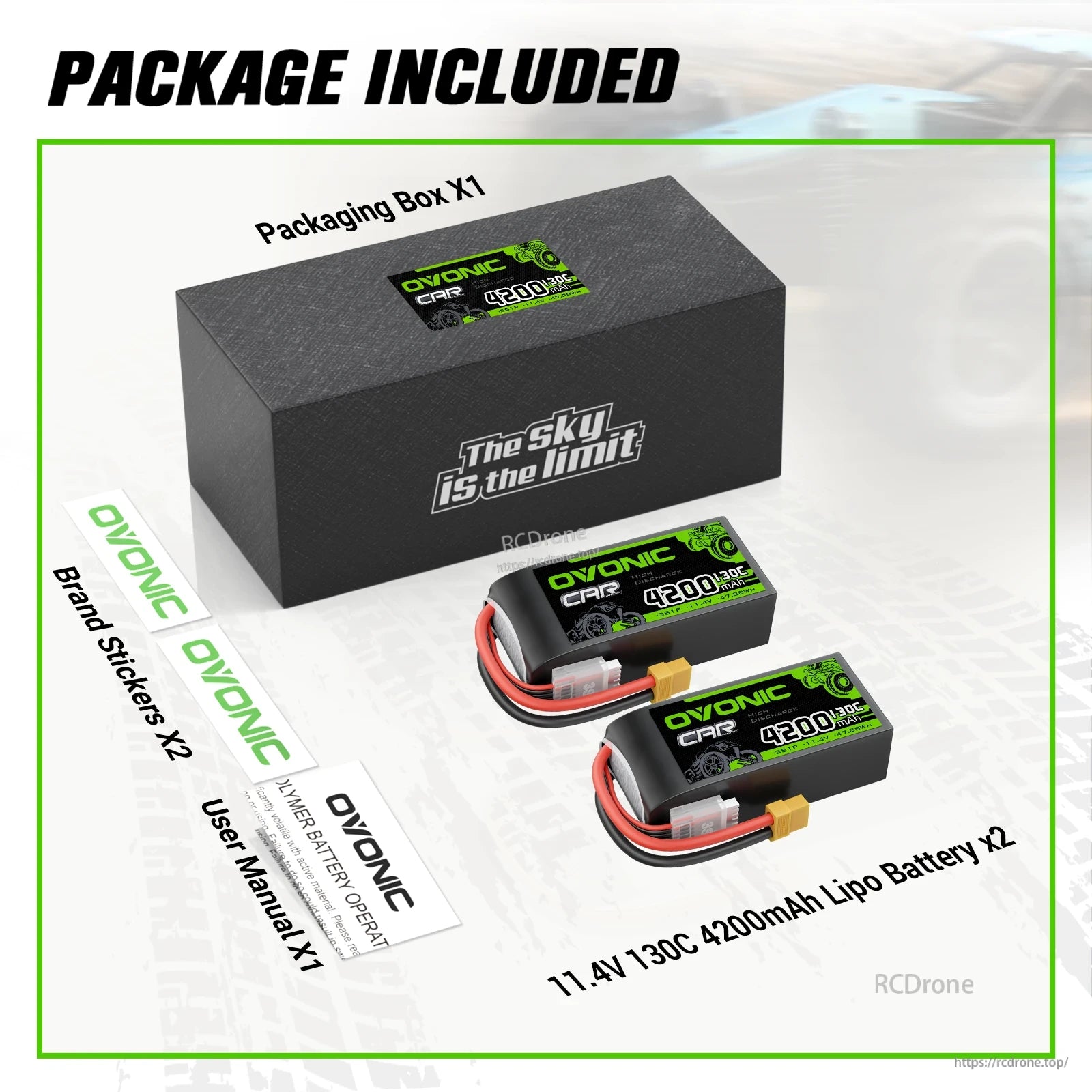 Package contents: two 3S 4200mAh LiPo batteries, storage box, user manual, and two OVONIC stickers