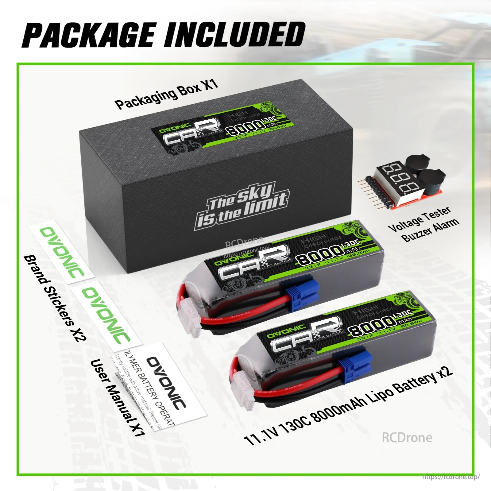 Package contents: 2 batteries, packaging box, voltage tester buzzer alarm, brand stickers, and user manual