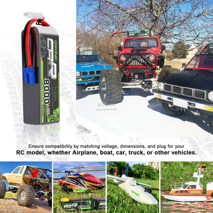 LiPo battery shown with RC vehicle and model examples for compatibility: car, truck, boat, airplane, helicopter