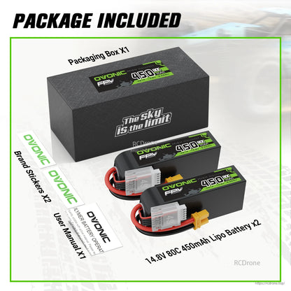 Package contents: two 14.8V 80C 450mAh LiPo batteries, packaging box, brand stickers, and user manual