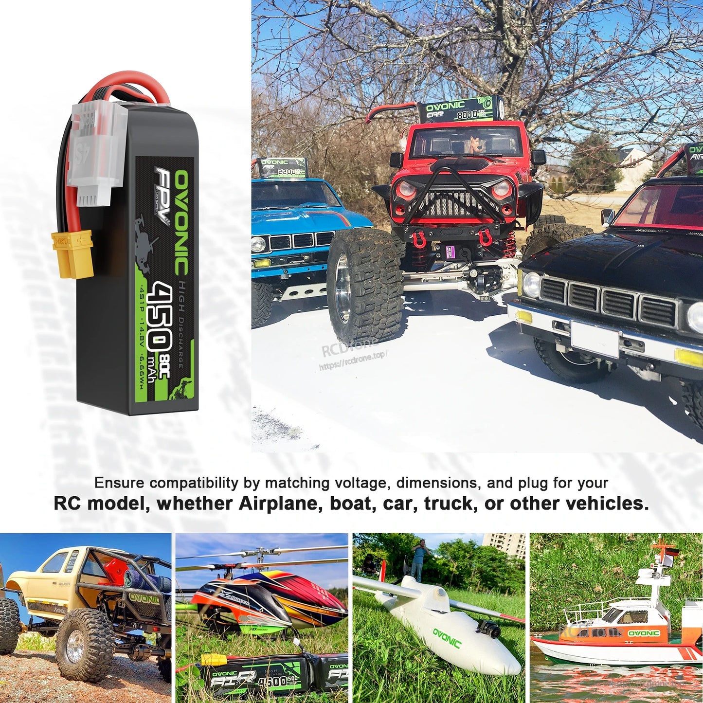 Battery use case collage for RC models, showing pack alongside off-road trucks, boat and aircraft examples
