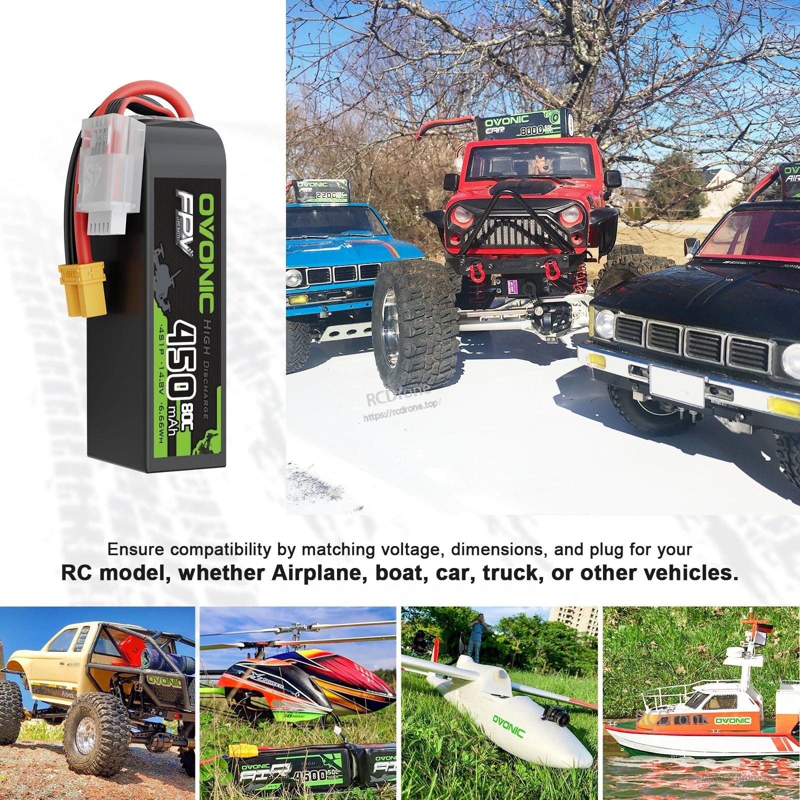 Battery use case collage for RC models, showing pack alongside off-road trucks, boat and aircraft examples