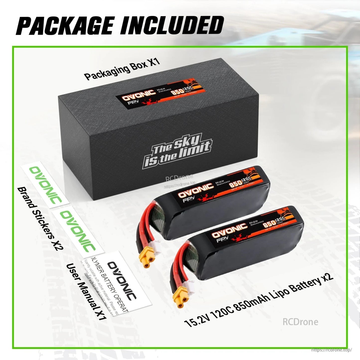 Package contents: OVONIC box, two 15.2V 120C 850mAh LiHV batteries, stickers, and user manual