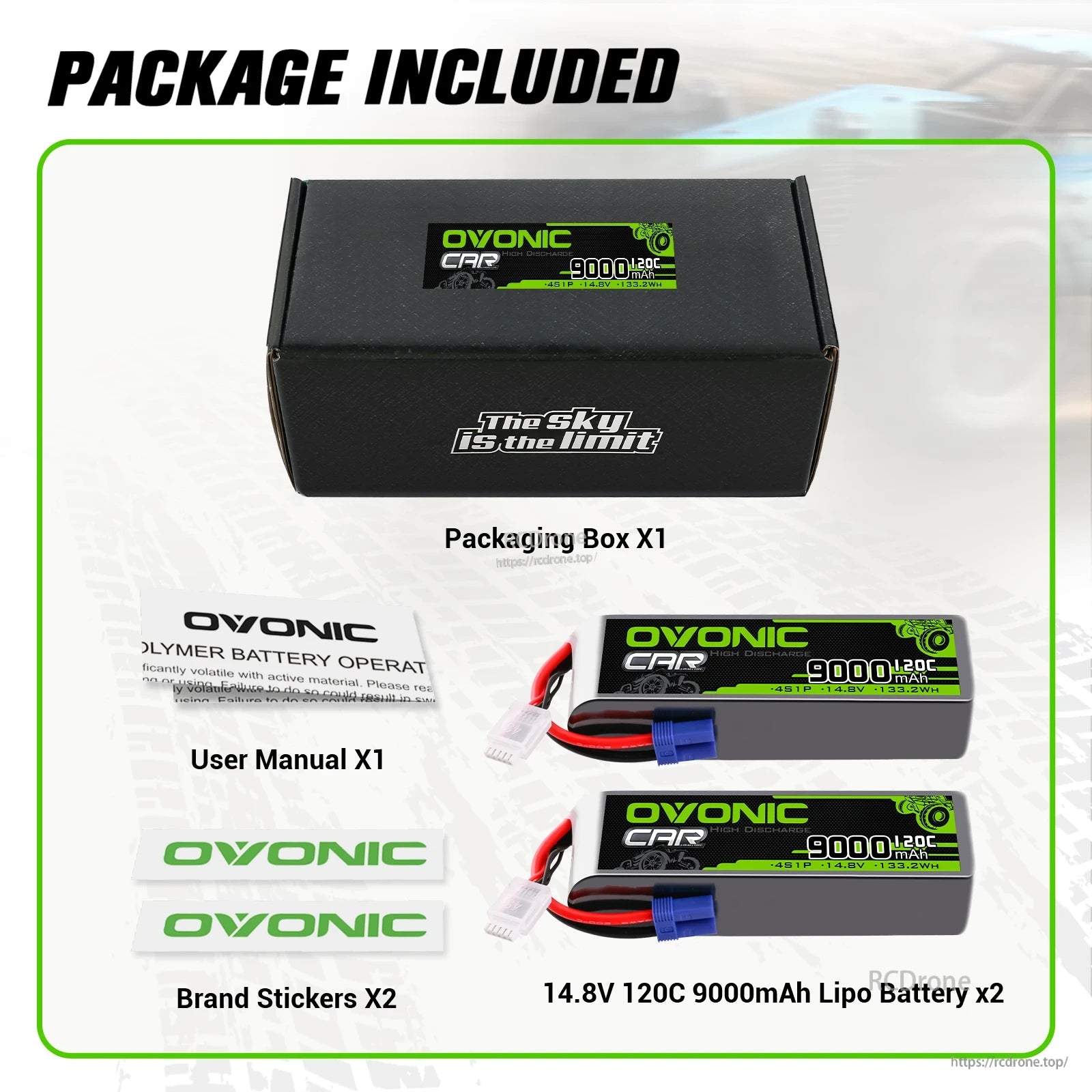 Package contents: OVONIC box, user manual, brand stickers, and two 14.8V 9000mAh 120C LiPo batteries