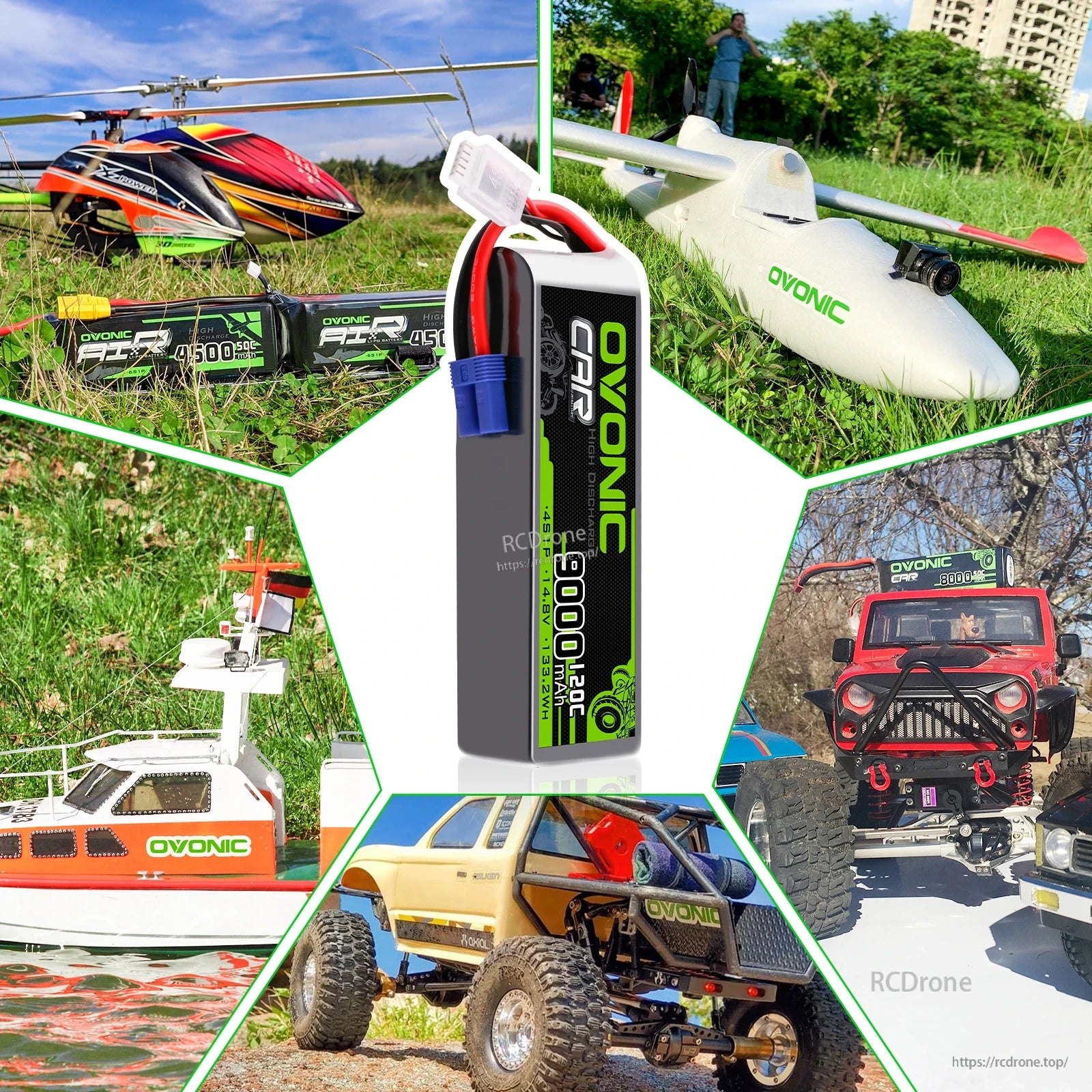 RC model use cases collage showing LiPo battery for helicopter, airplane, boat, and off-road RC cars