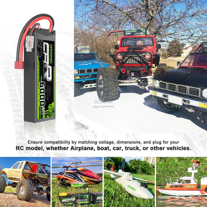 RC application collage showing OVONIC hardcase LiPo powering RC truck, car, helicopter, boat, and airplane