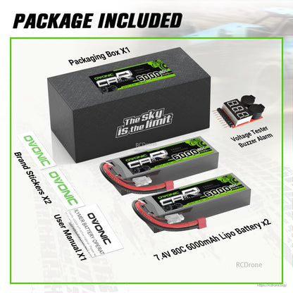 Package contents: 2x OVONIC 7.4V 6000mAh 80C hardcase LiPo batteries, voltage tester buzzer alarm, box, stickers, manual