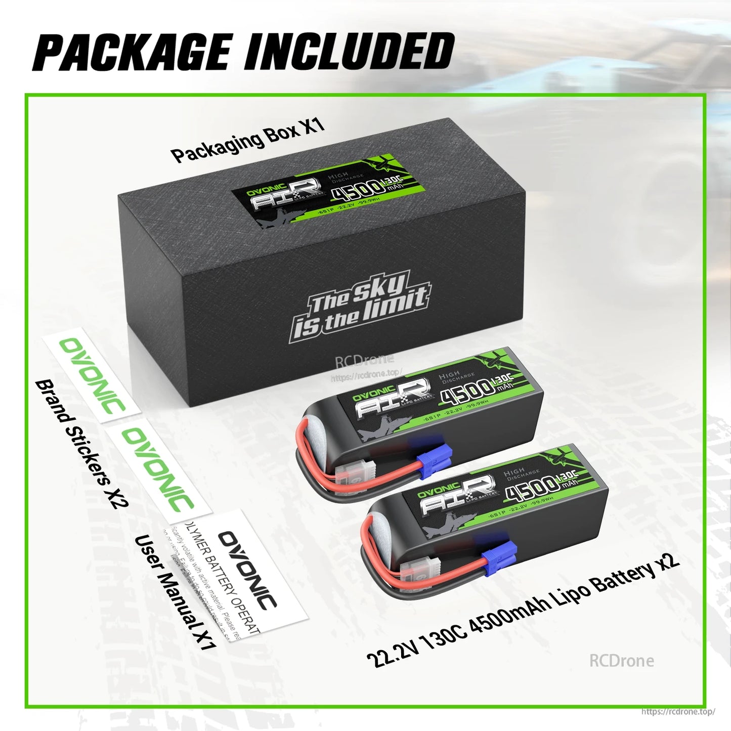 Package contents: 2x 22.2V 130C 4500mAh LiPo batteries, box, brand stickers, user manual